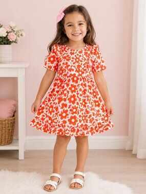 Girls Red & White Floral Ruffle Dress | Boutique Style Summer Dress - Brand New